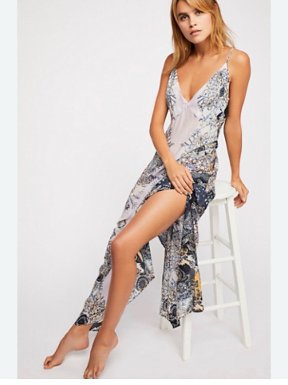 Free People Printed V-Neck Maxi Slip Dress in Blue and Cream with Gold Accents